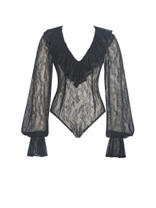 Taliah Sheer Lace Ruffled Collar Bodysuit | Black