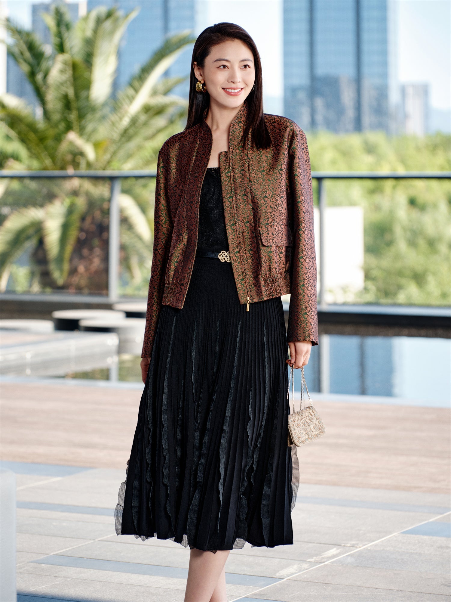 Innovative Stand-Collar Baseball Jacket | Brown