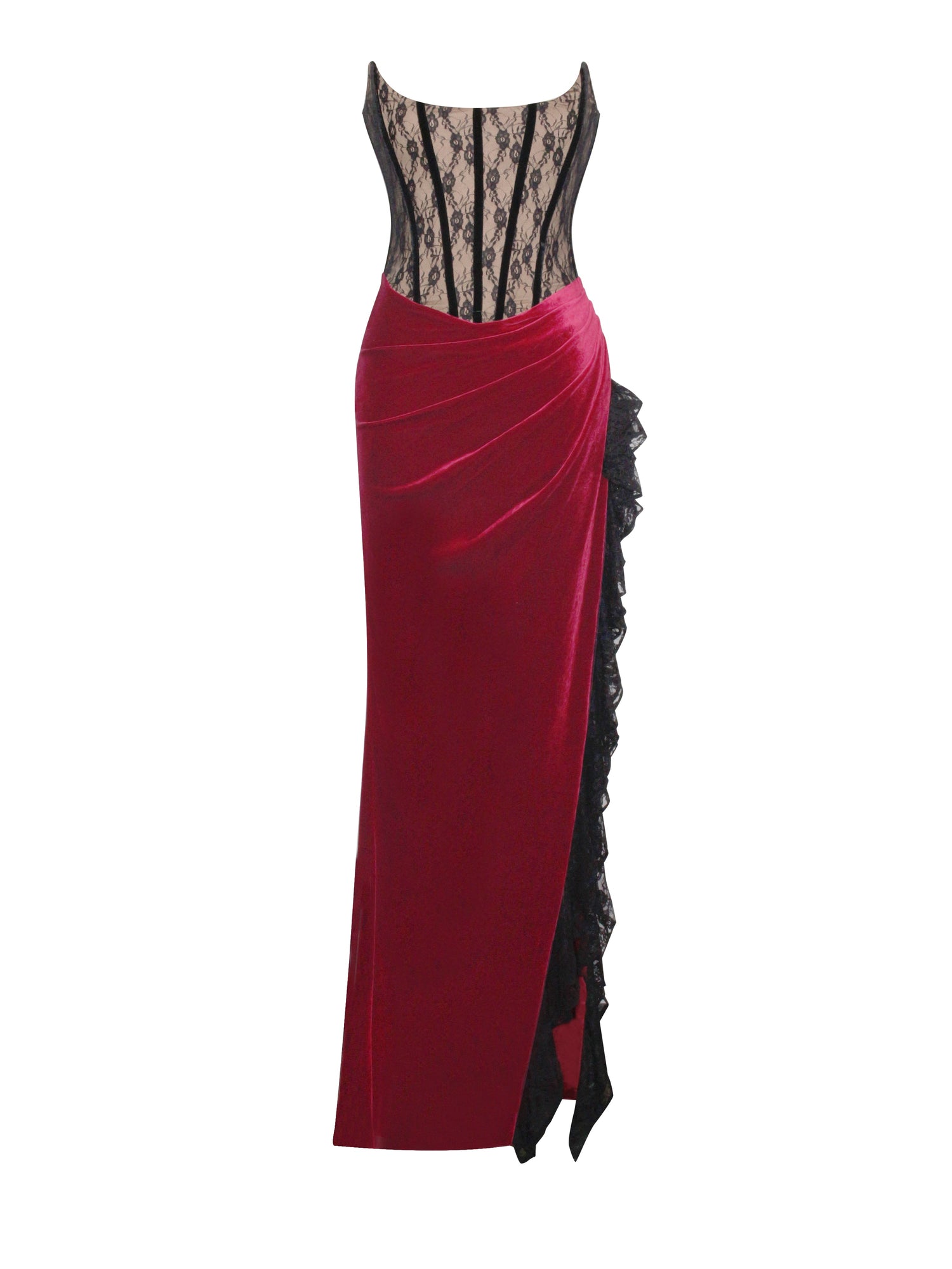 Gaia Lace Velvet Corset Side Slit Dress | Burgundy