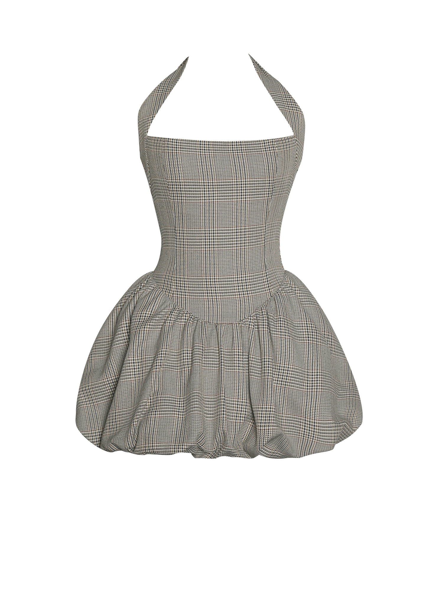 Dacia Plaid Halter Lace-up Bubble Mini Dress | Brown Plaid