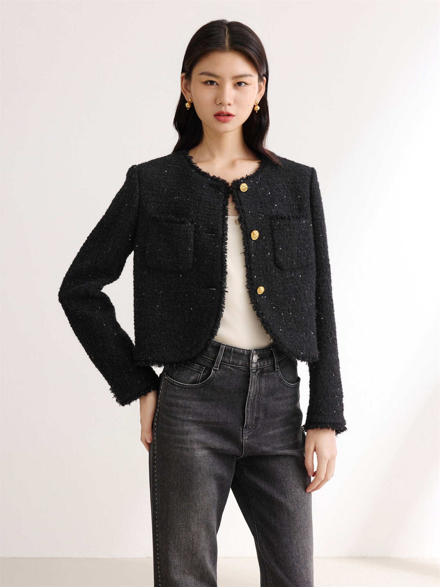 Sequin Tweed Straight Short Boxy Coat | Black