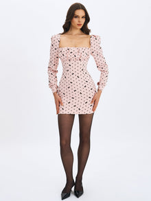 Perla Ruched Bust Velvet-Embossed Bow Mini Dress | Baby Pink