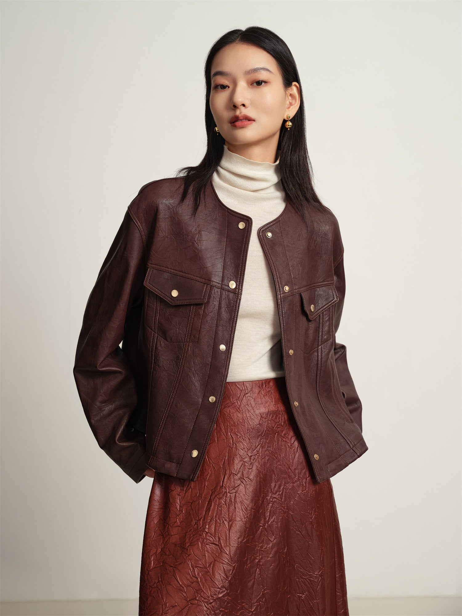 Leather Round Neck Leather Jacket | Brown
