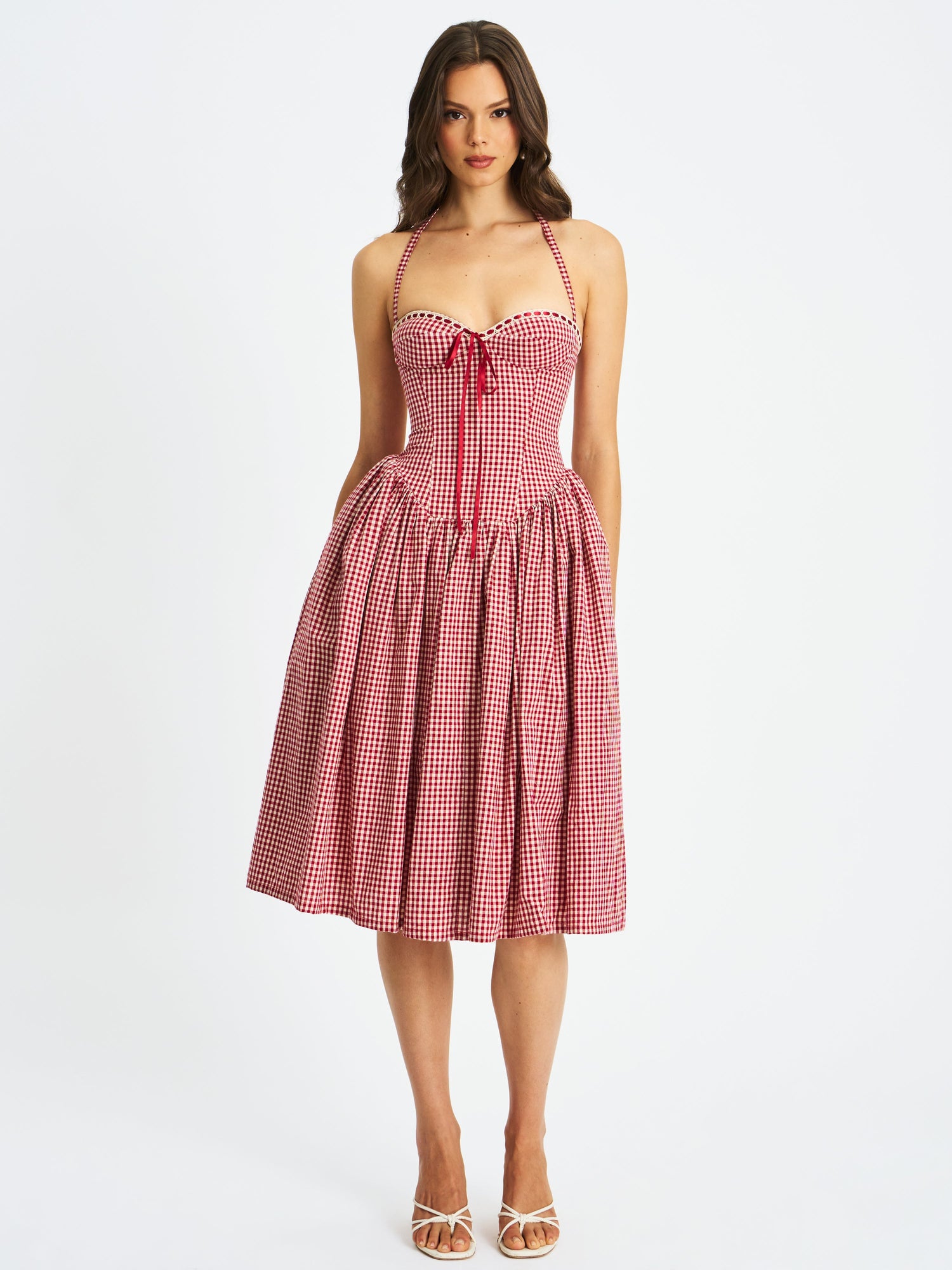 Susanna Red Cotton Gingham Drop Waist Midi Dress | Red Gingham