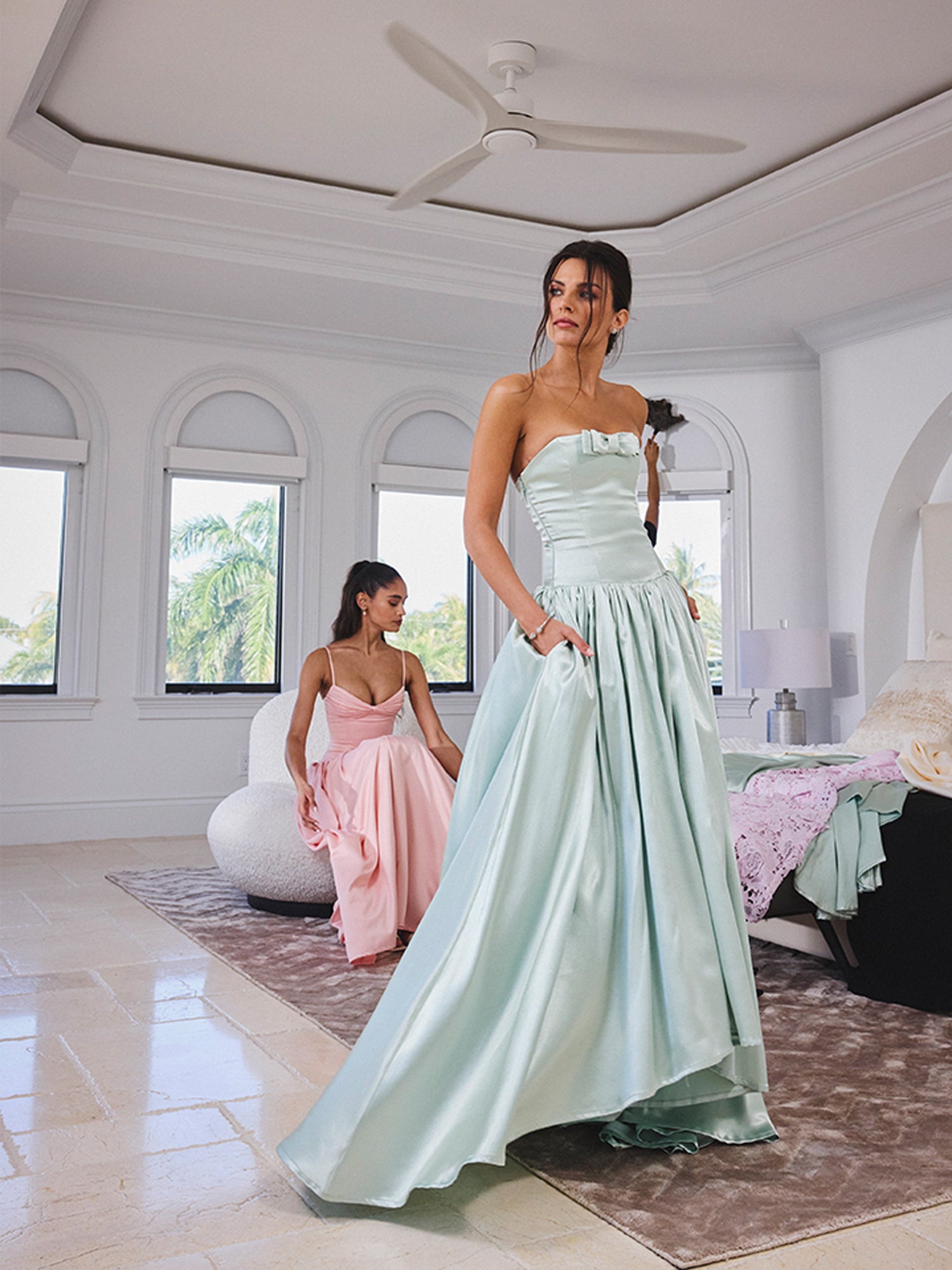 Lael Back Button Trailing Gown | Mint Green