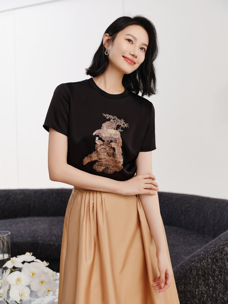 Triacetate "Stone Carving of Auspicious Dragon" T-Shirt | Black