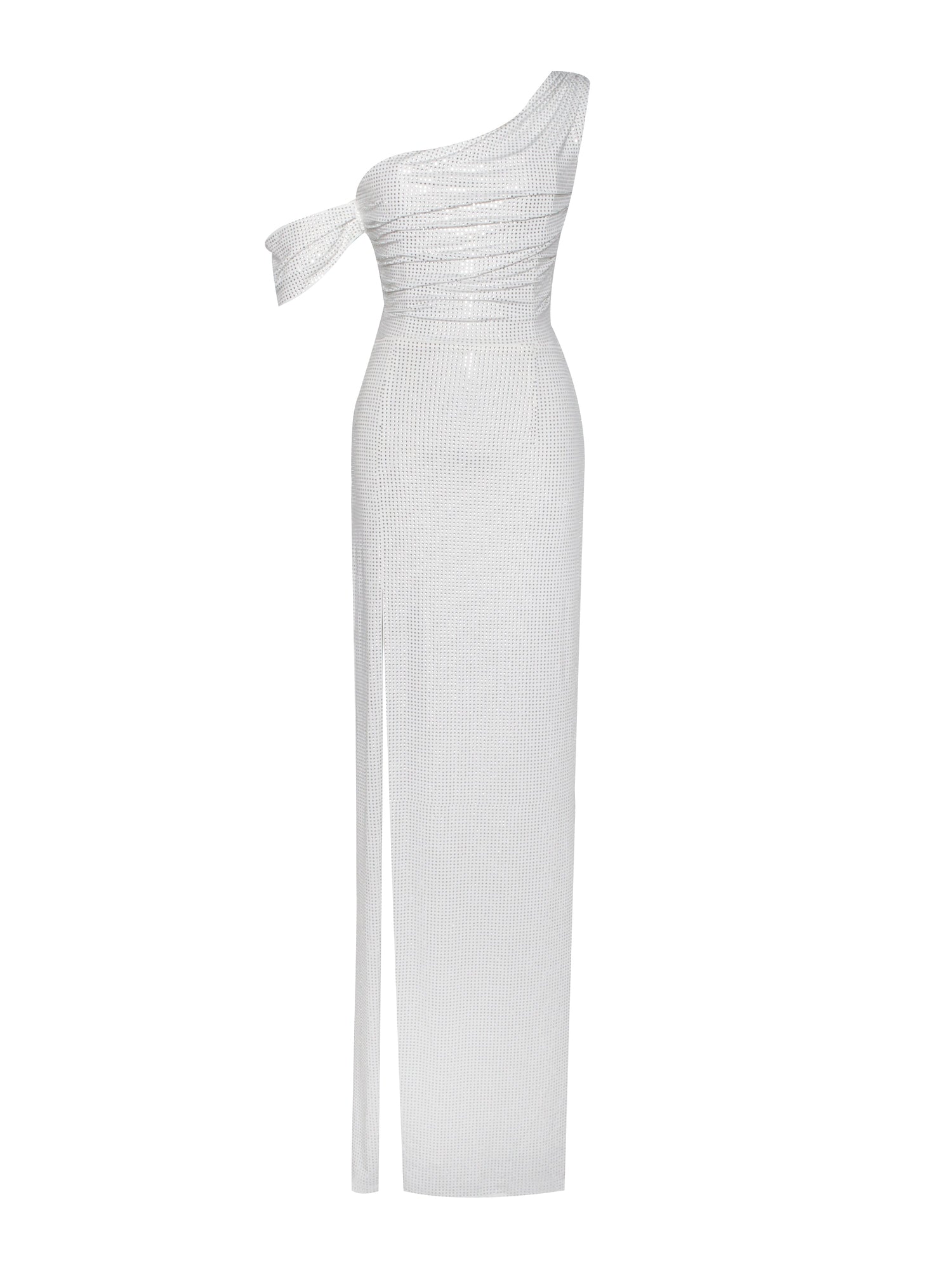 Paget Mesh Rhinestone Embellished High Slit Gown | White