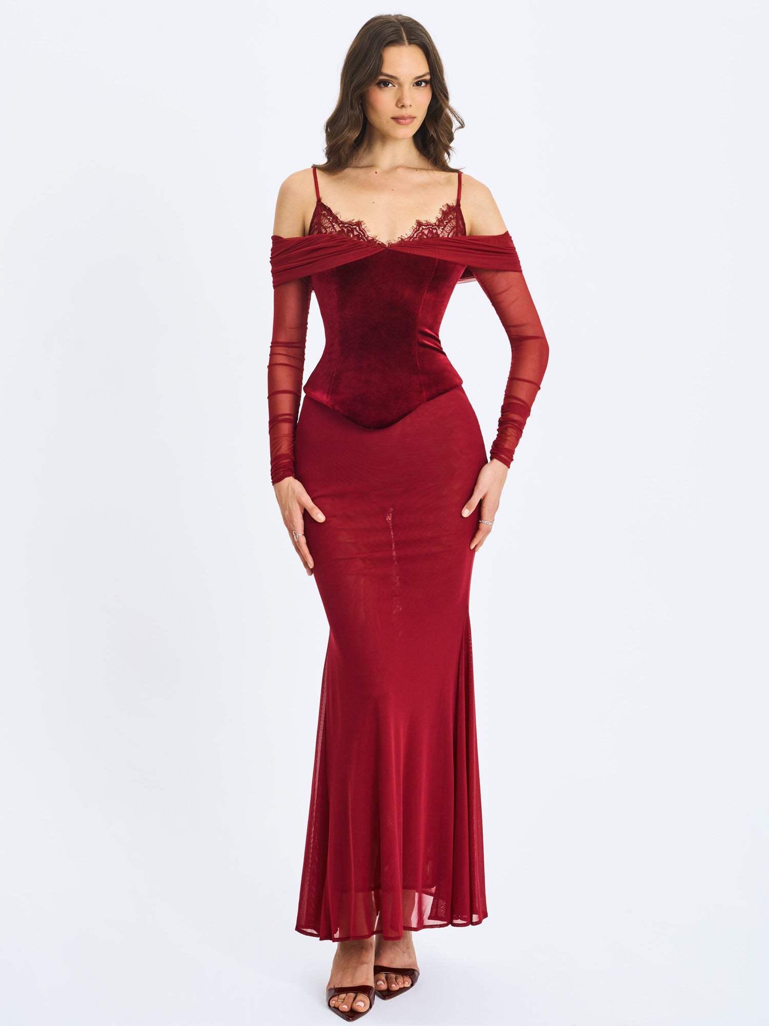 Maybelle Bardot Lace Strap Peplum Maxi Dress | Magenta