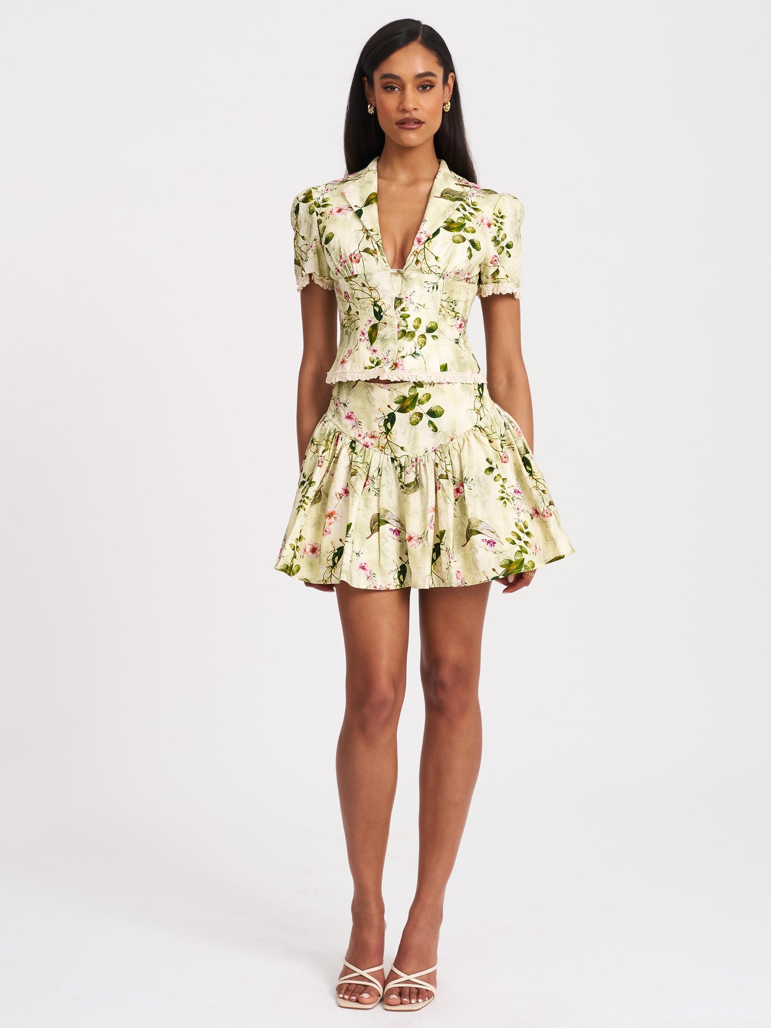 Zanella Floral Print Lace Trim Linen Top | Green
