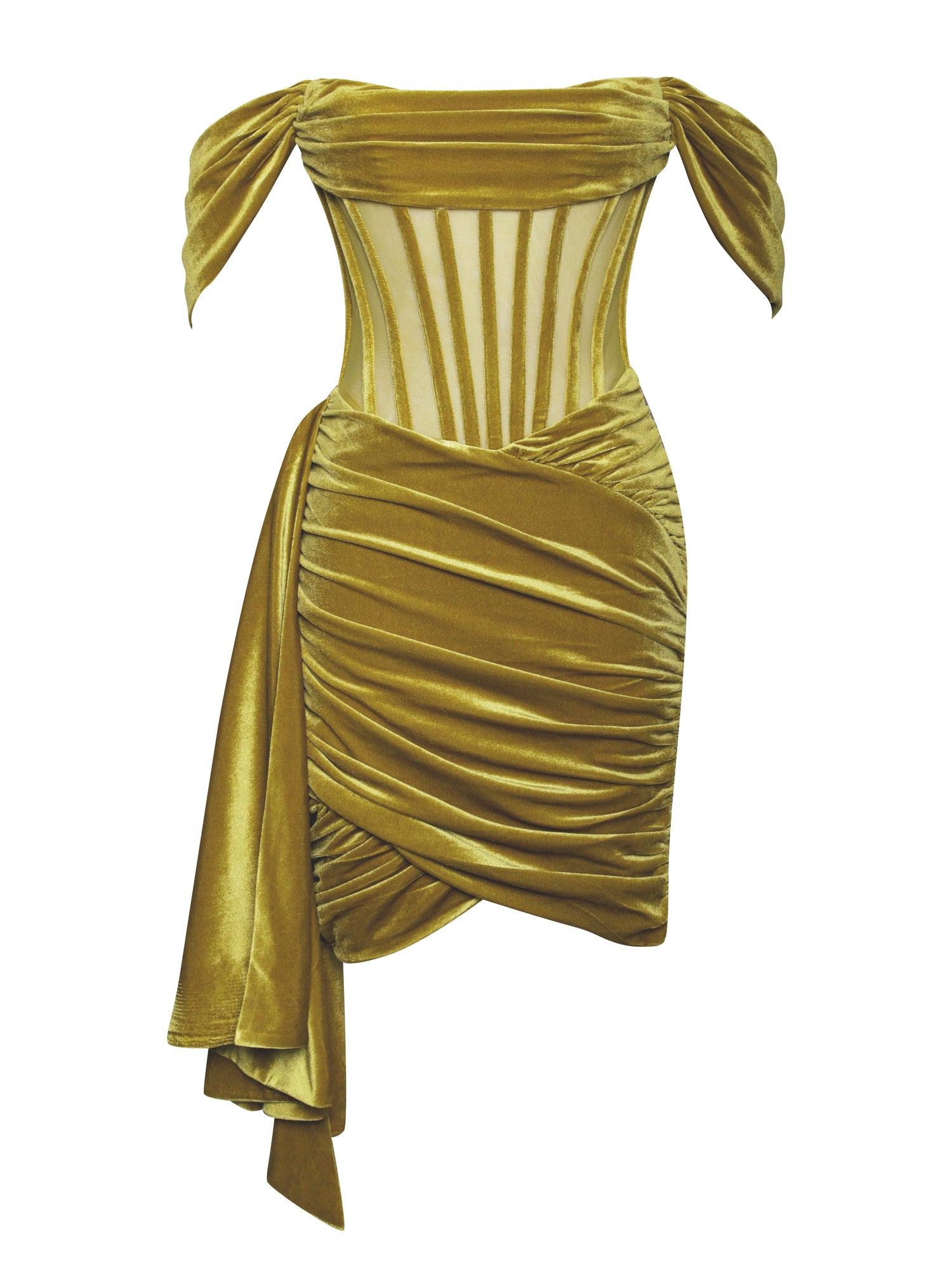 Irisa Draping Off Shoulder Corset Dress | Gold