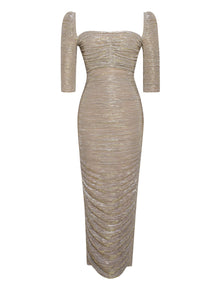Sorrel Ruched Chiffon Long Maxi Dress | Gold