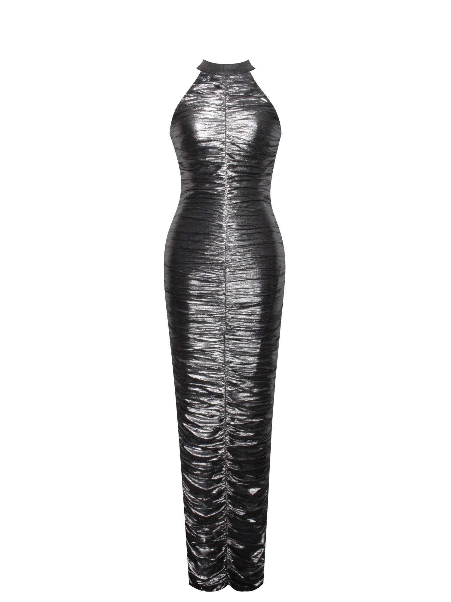 Abril Ruched Glitter Backless Gown | Silver