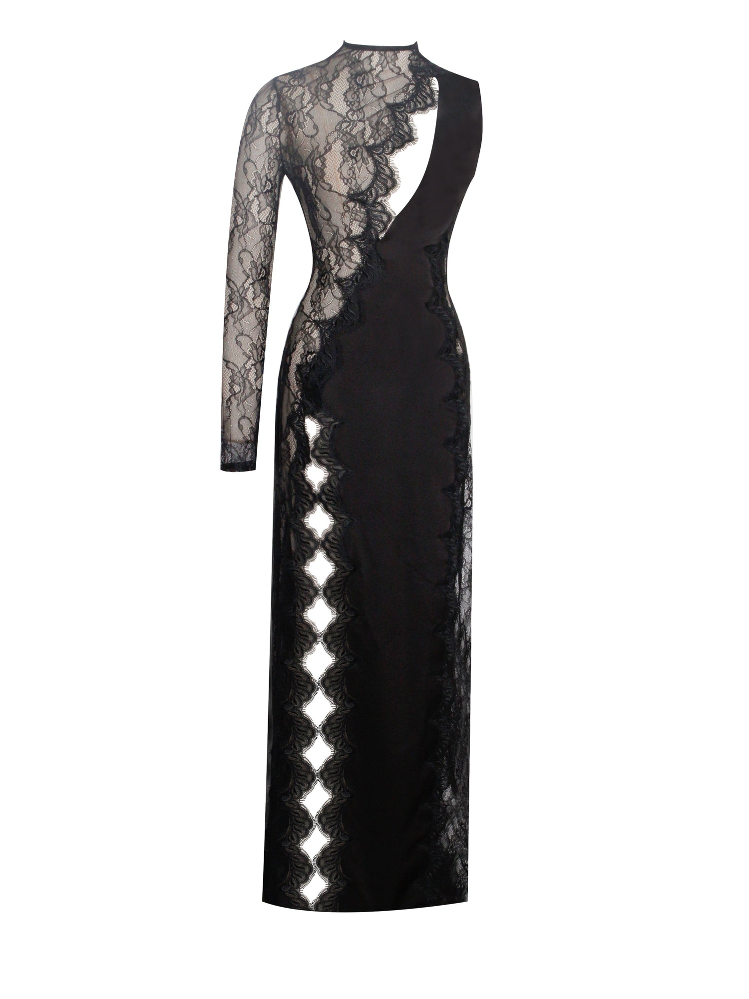 Weslyn Satin Lace High Slit Dress | Black