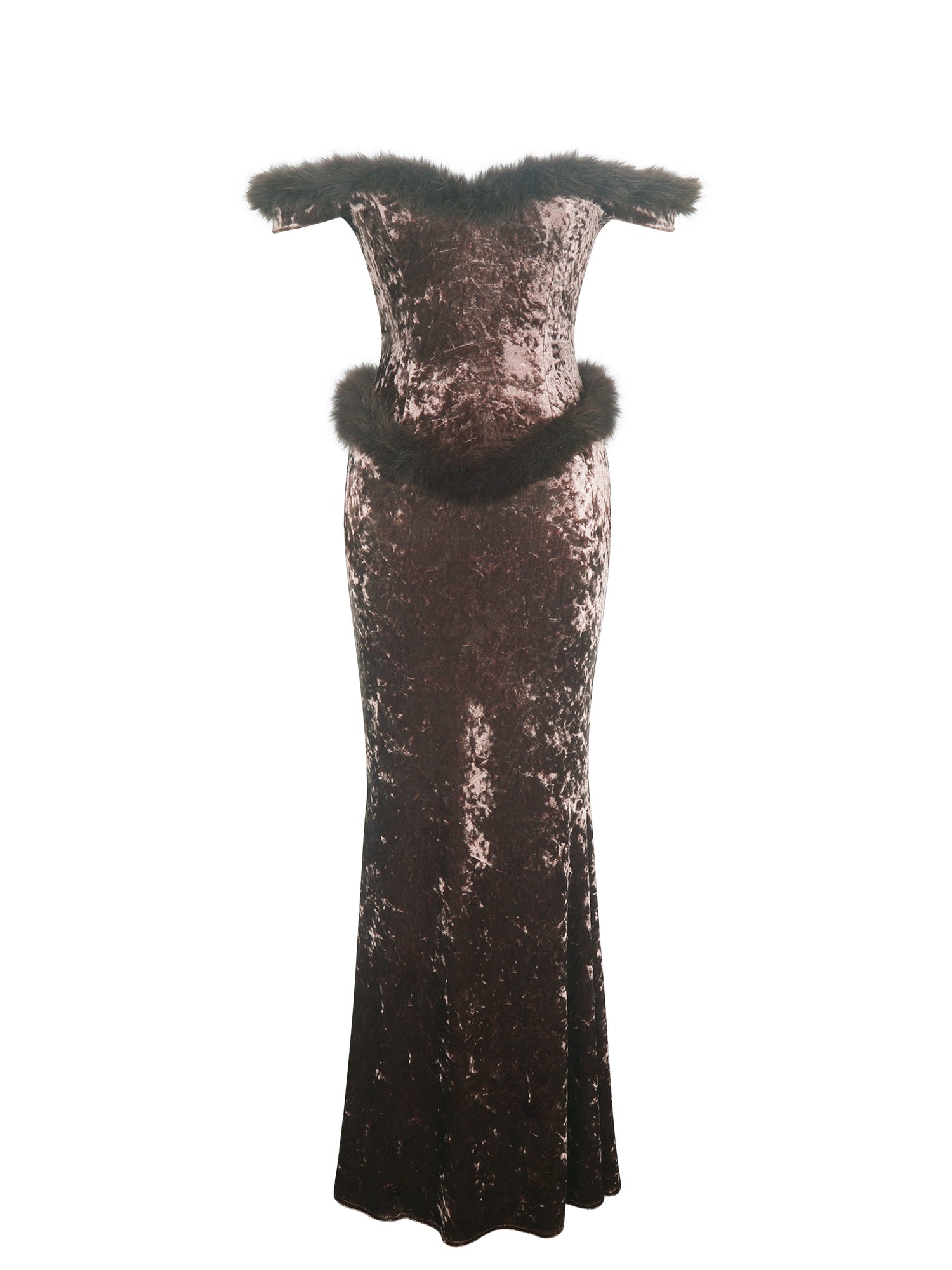 Tessa Sweetheart Bardot Faux Fur Velvet Mermaid Maxi Dress | Coffee