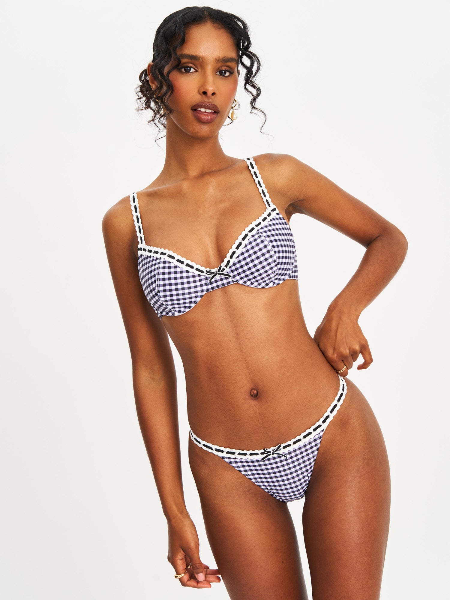Genevia Gingham Lace Decoration Bikini Bottom | Geneva Gingham