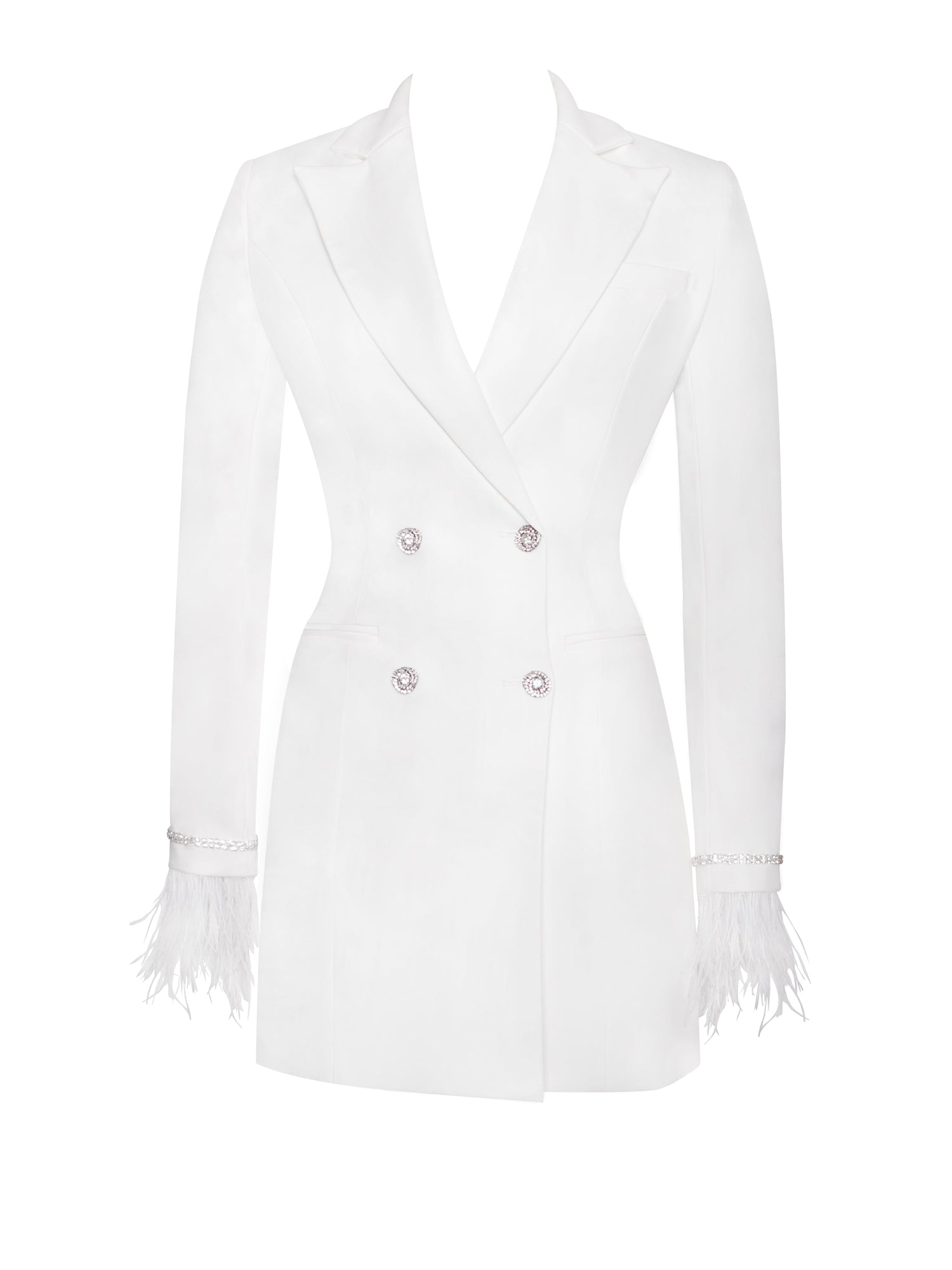 Quilla Feather Crystal Sleeve Backless Blazer Dress | White