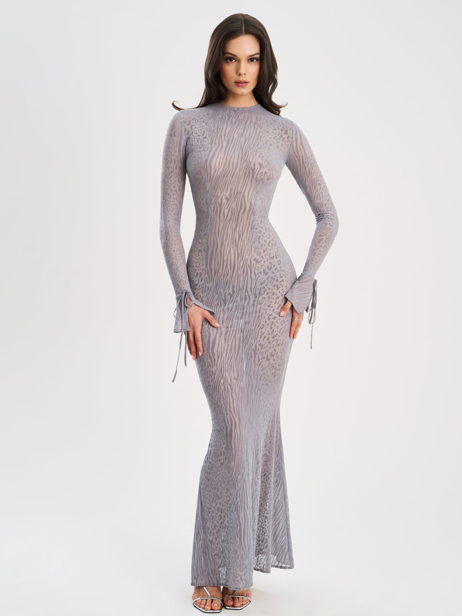 Waylynn Animal Print Burnout Velvet Detail Mesh Backless Maxi Dress | Gray