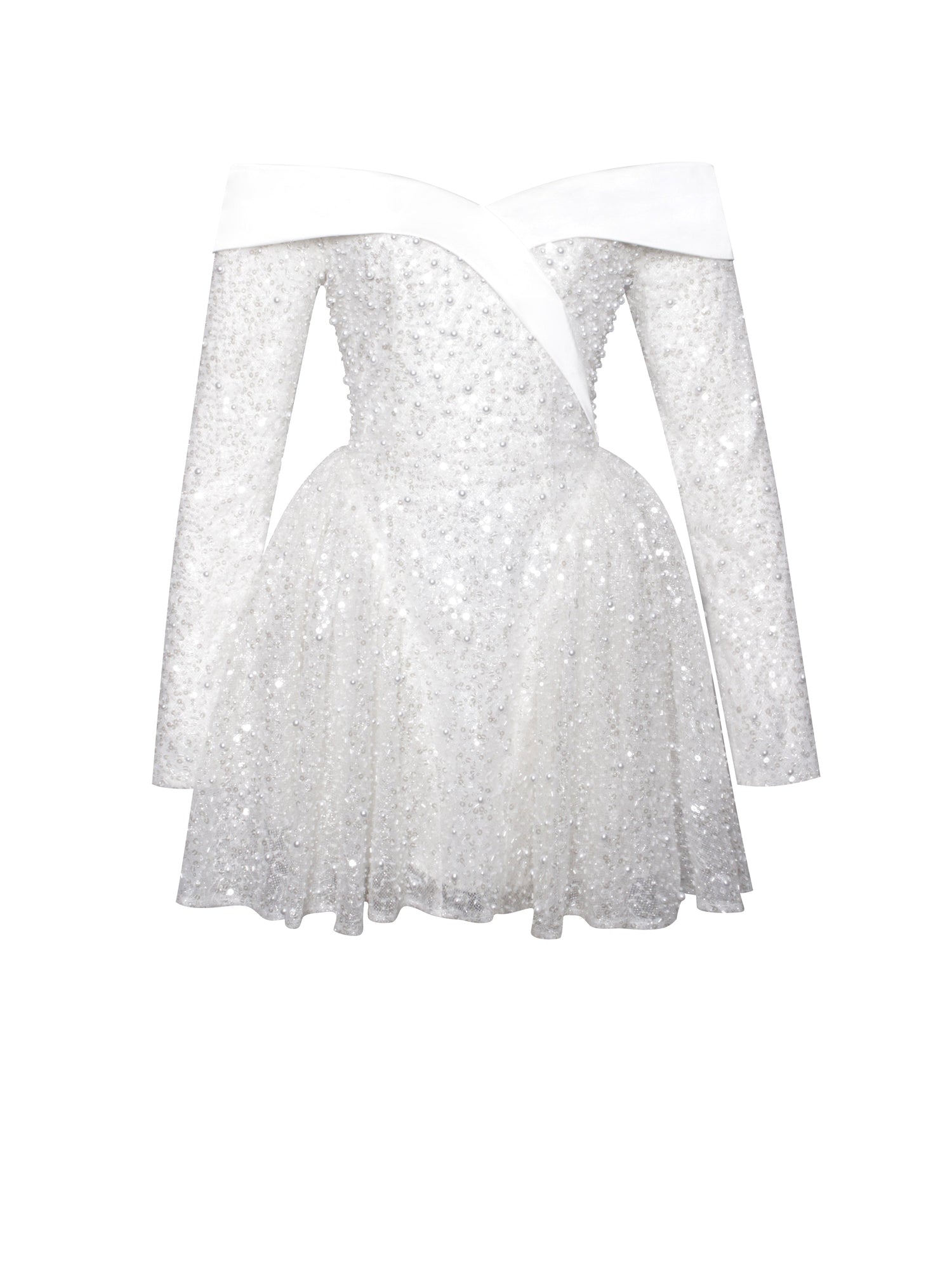 Kira Bead Embroidered Mesh Off Shoulder Long Sleeve Mini Dress | White