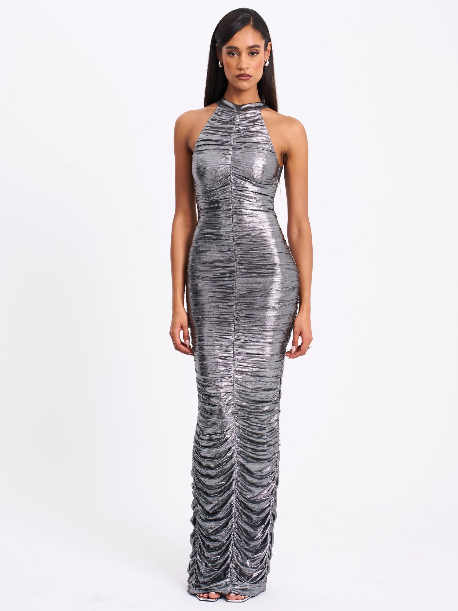 Abril Ruched Glitter Backless Gown | Silver