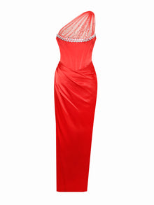 Lora Crystal Embellished Mesh Satin Corset Gown | Scarlet