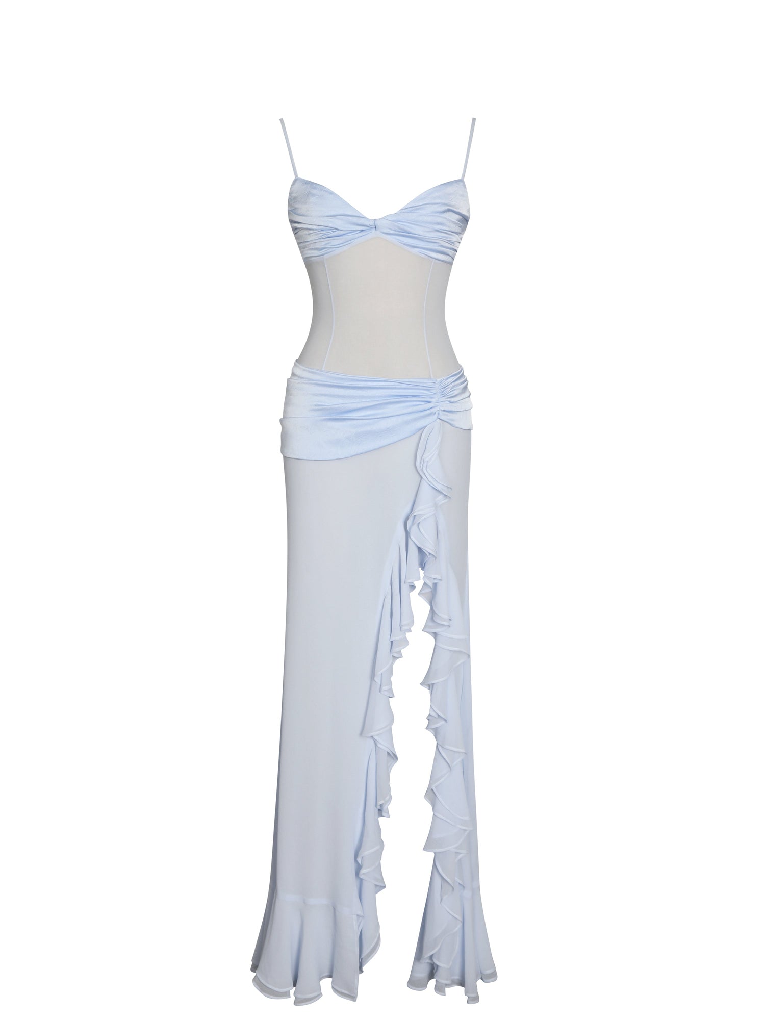 Lacy Ruched Breast High Slit Chiffon Dress | Blue