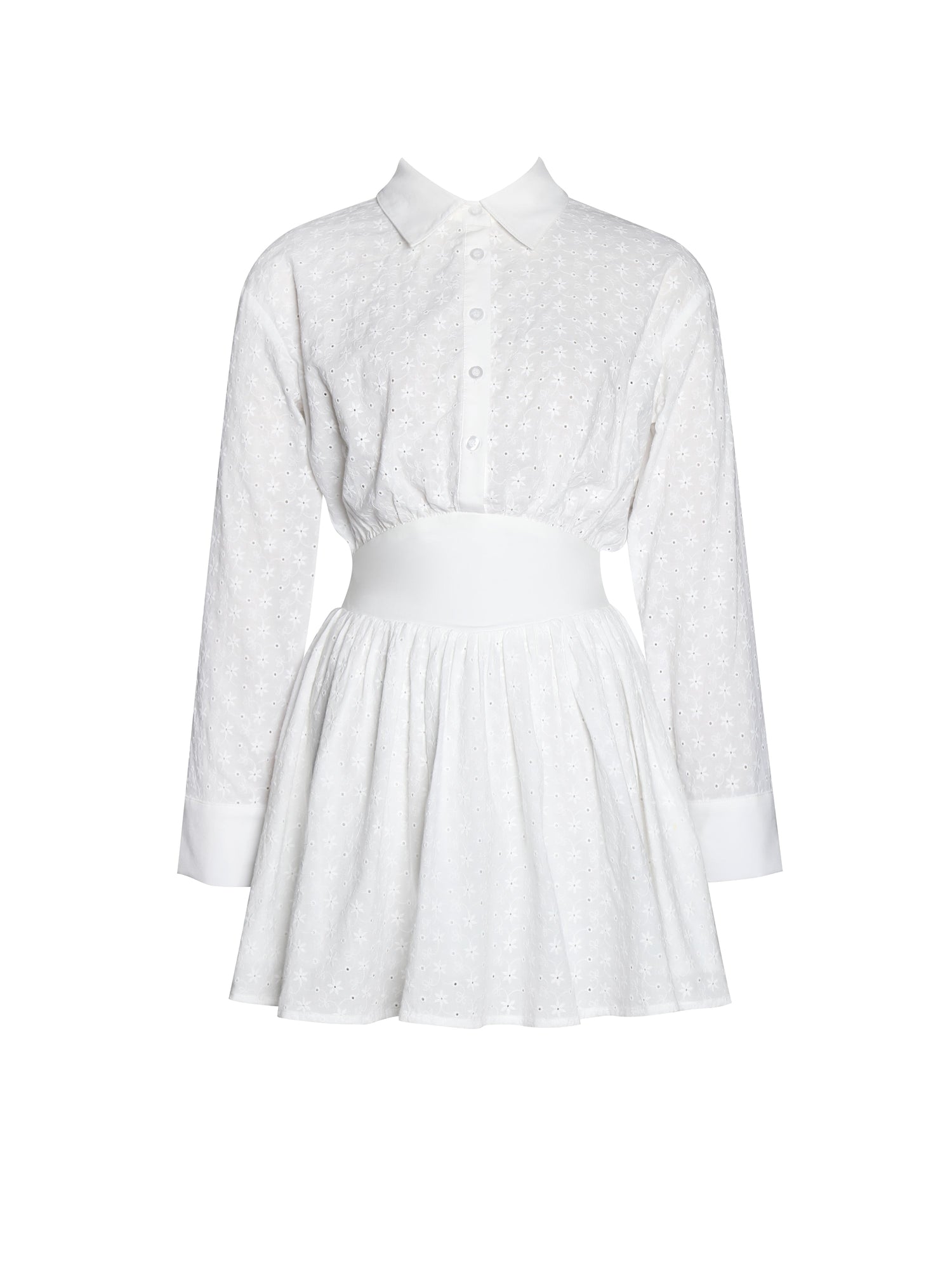 Gabriella Cotton Eyelet Button Up Long Sleeve Shirt Dress | White
