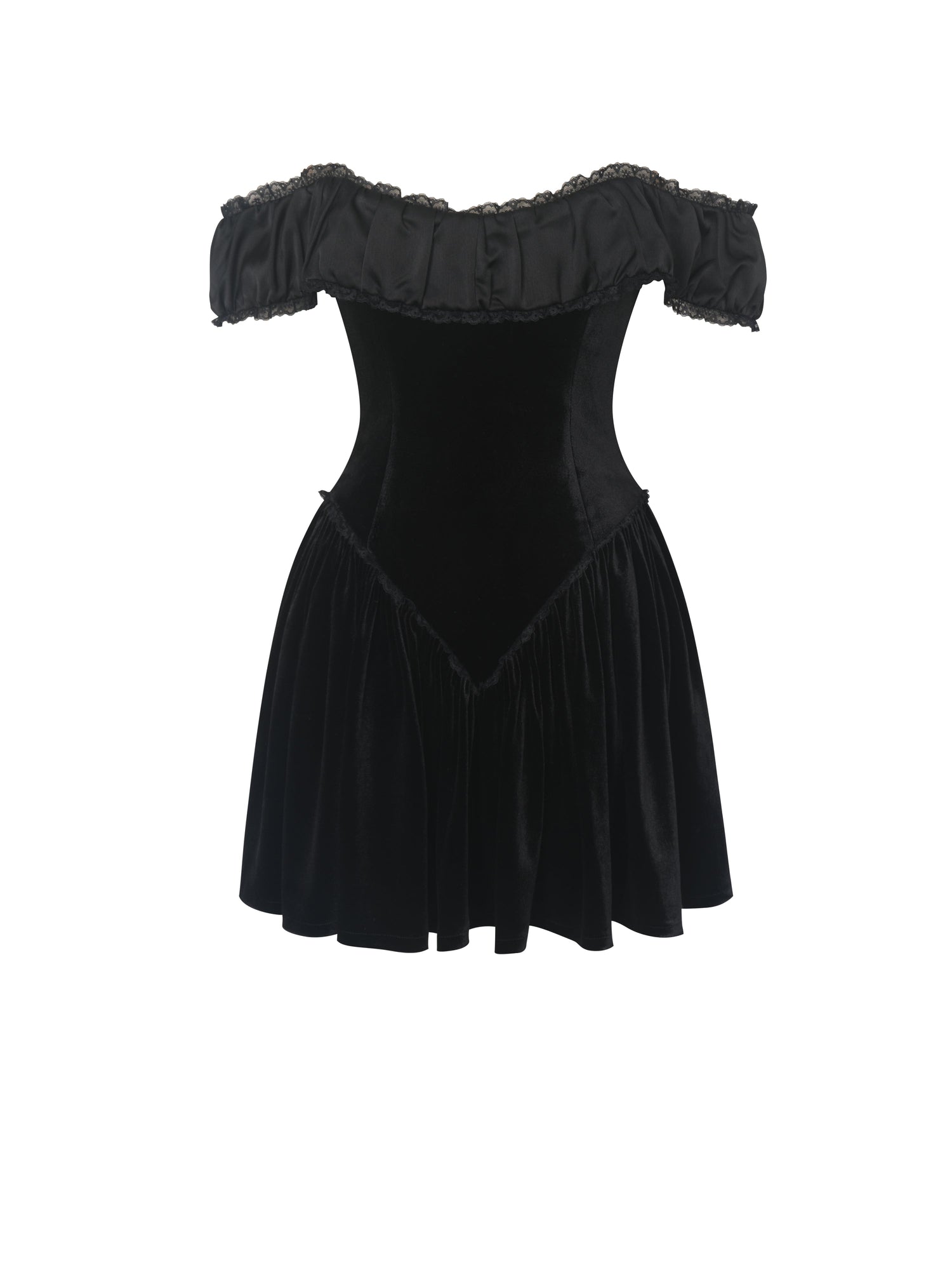 Daisha Lace Trimmed Off-Shoulder Ruched Mini Dress | Black