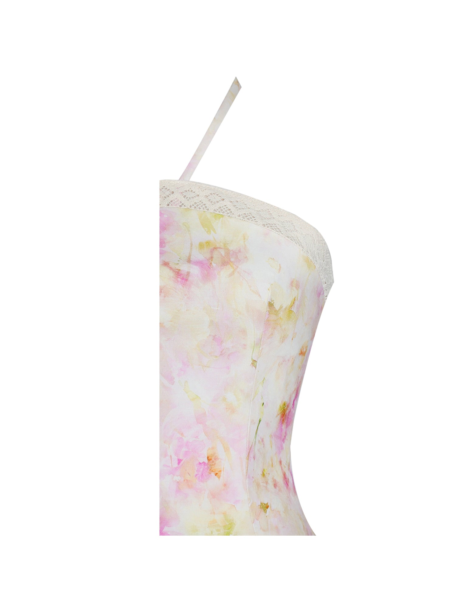 Zaina Floral Print Lace Trim Linen Midi Dress | Yellow and Pink