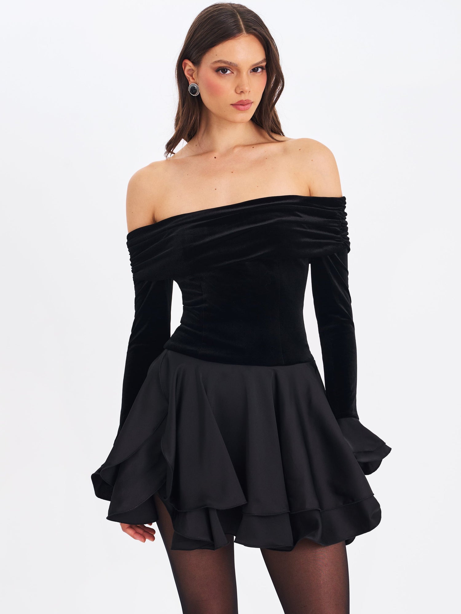 Magnolia Off-Shoulder Layered Satin Mini Dress | Black