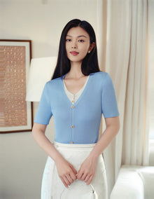 Silk and Acetate V-Neck Color-Blocked Design Dress | Blue