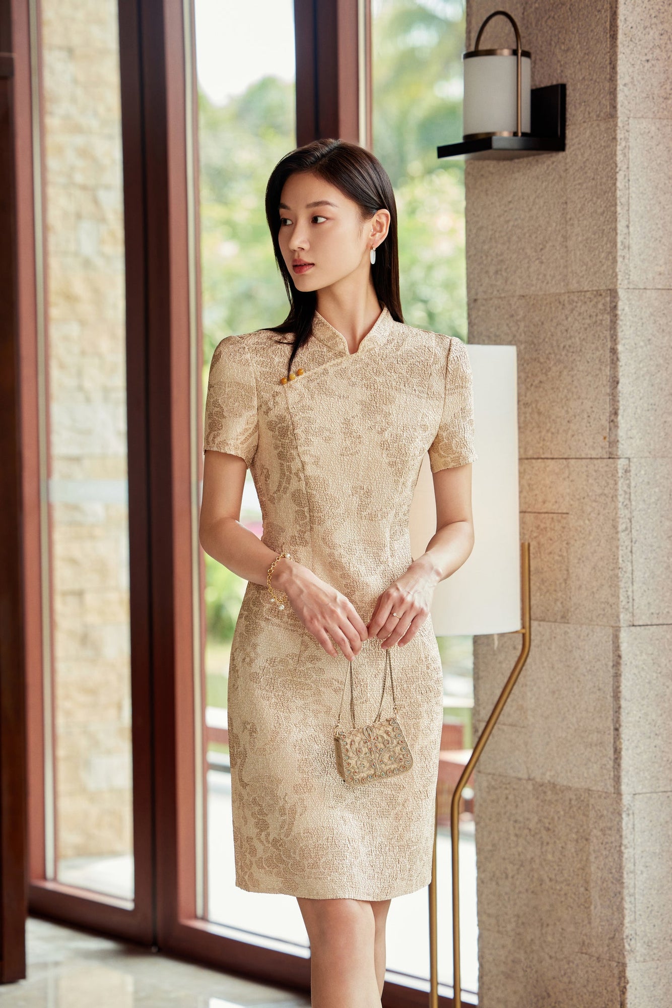 National Style Pleated Qipao Dress | Beige