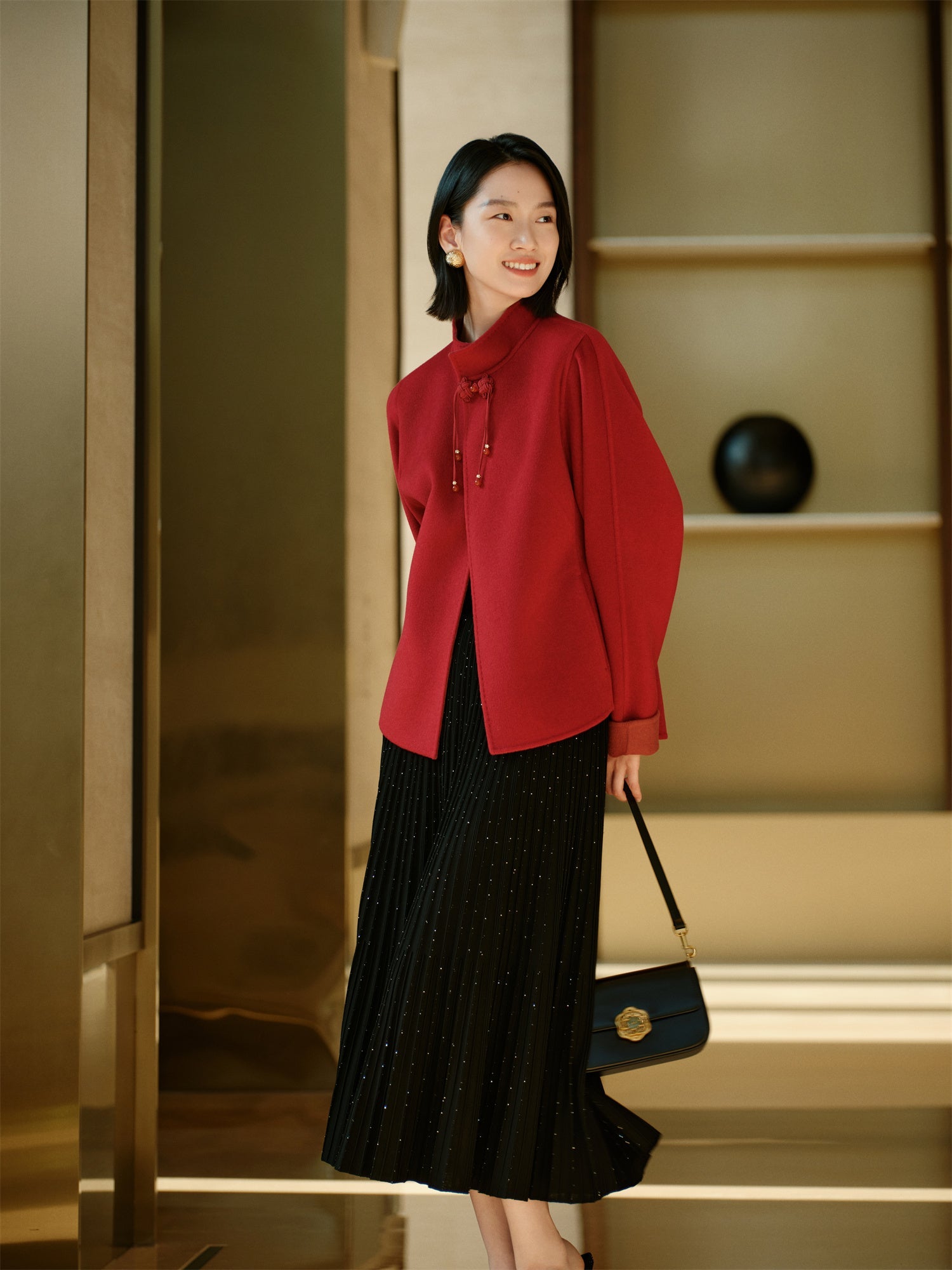 Stand Collar Frog Button Short Coat | Red