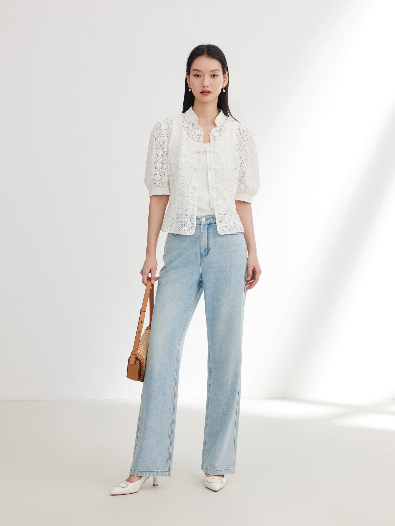 Cotton Lace Openwork Stand Collar Top | White