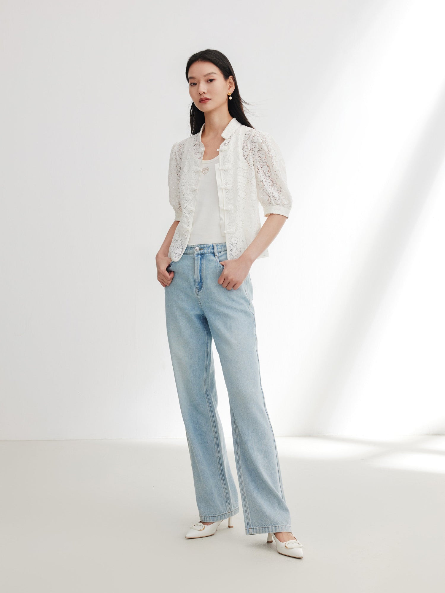 Cotton Lace Openwork Stand Collar Top | White