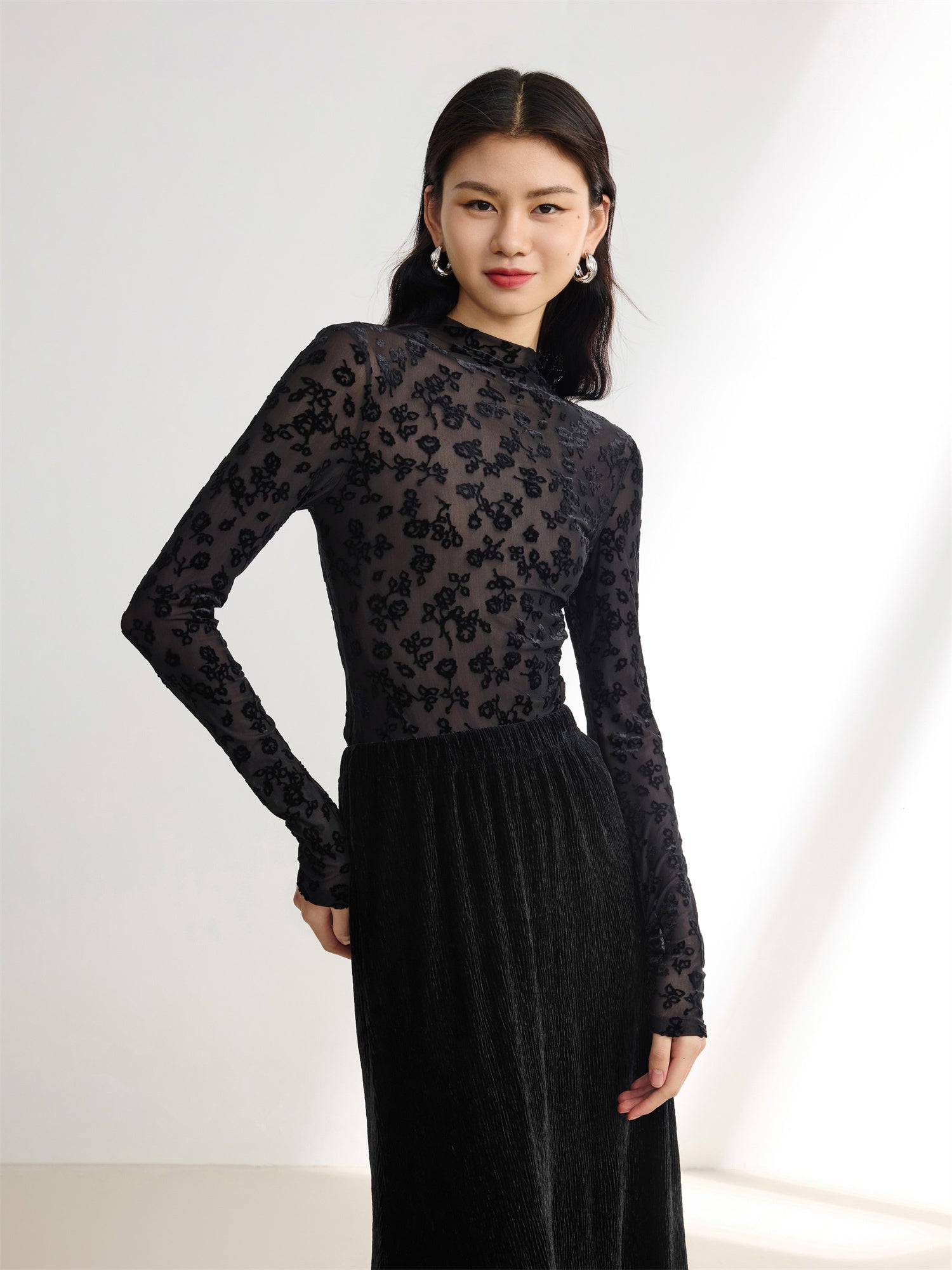 Semi-Sheer Mesh Turtleneck Top | Black
