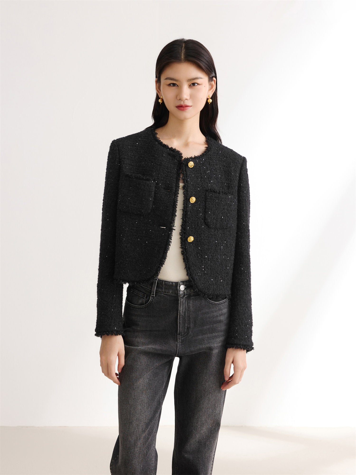 Sequin Tweed Straight Short Boxy Coat | Black