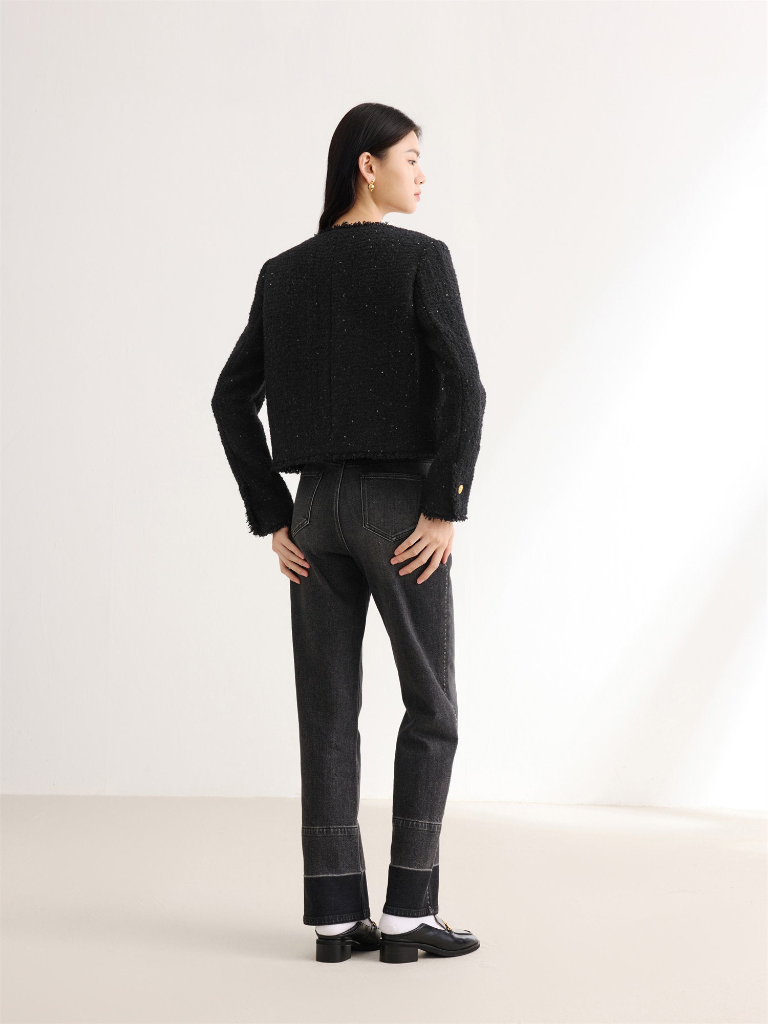 Sequin Tweed Straight Short Boxy Coat | Black