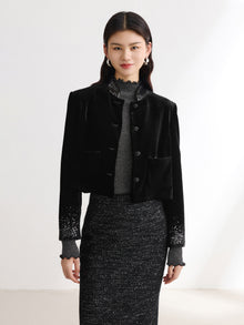 Button Closure Velvet Cropped Blazer | Black