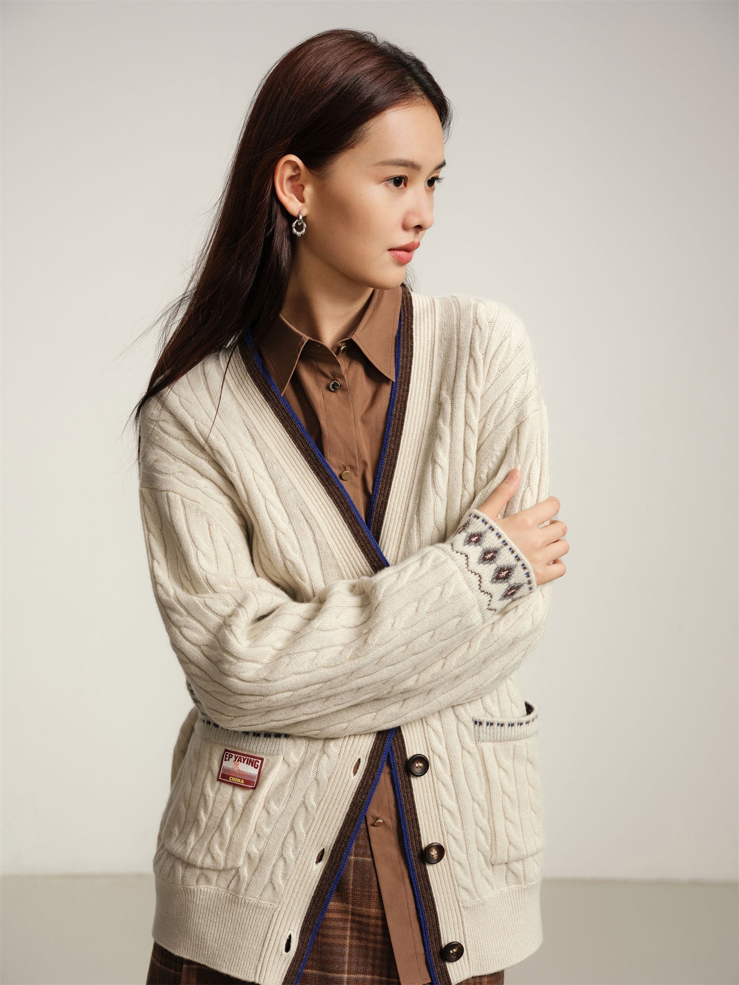 Yak Wool Ethnic Jacquard Cable Knit Cardigan | Beige
