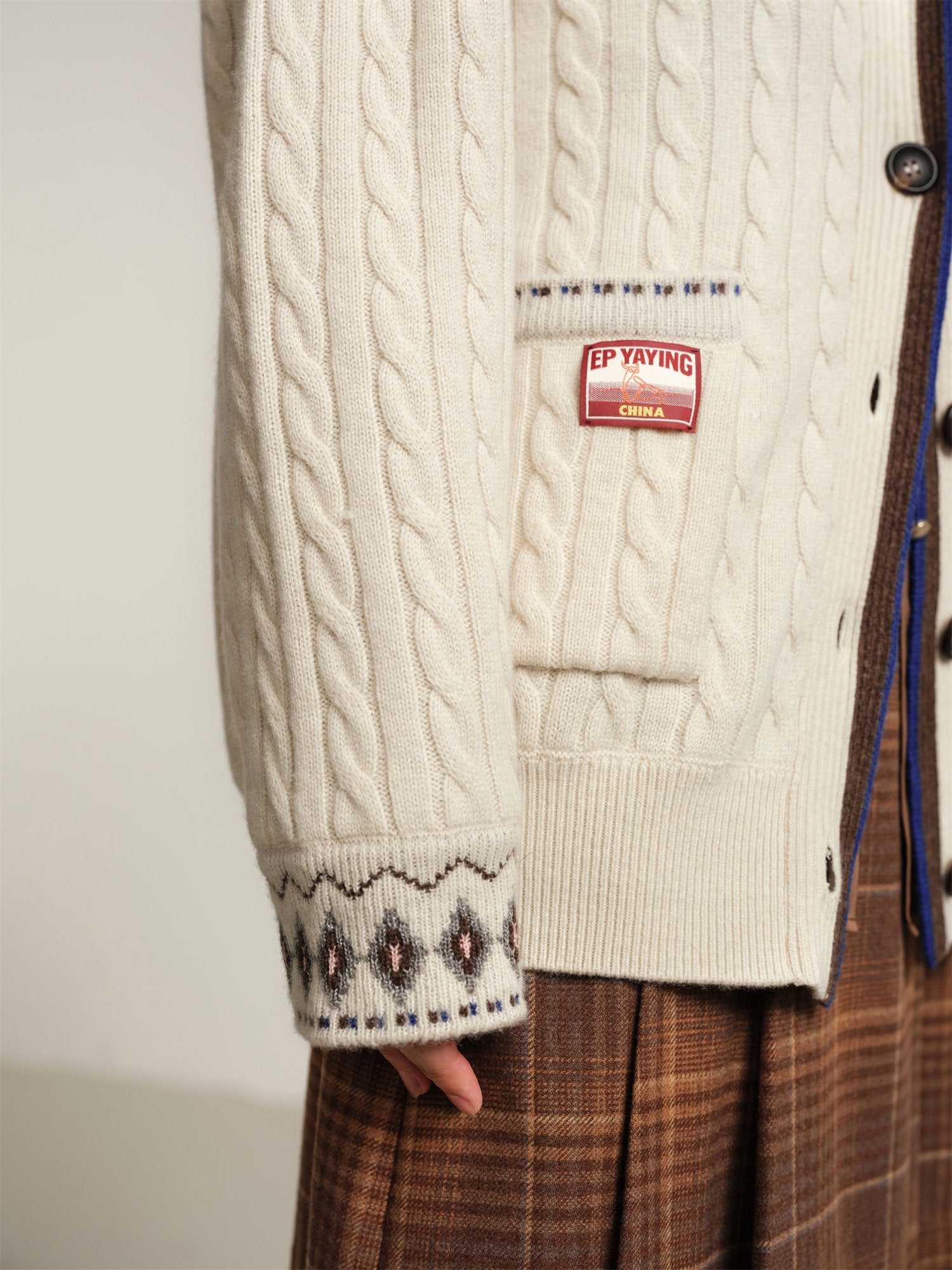 Yak Wool Ethnic Jacquard Cable Knit Cardigan | Beige