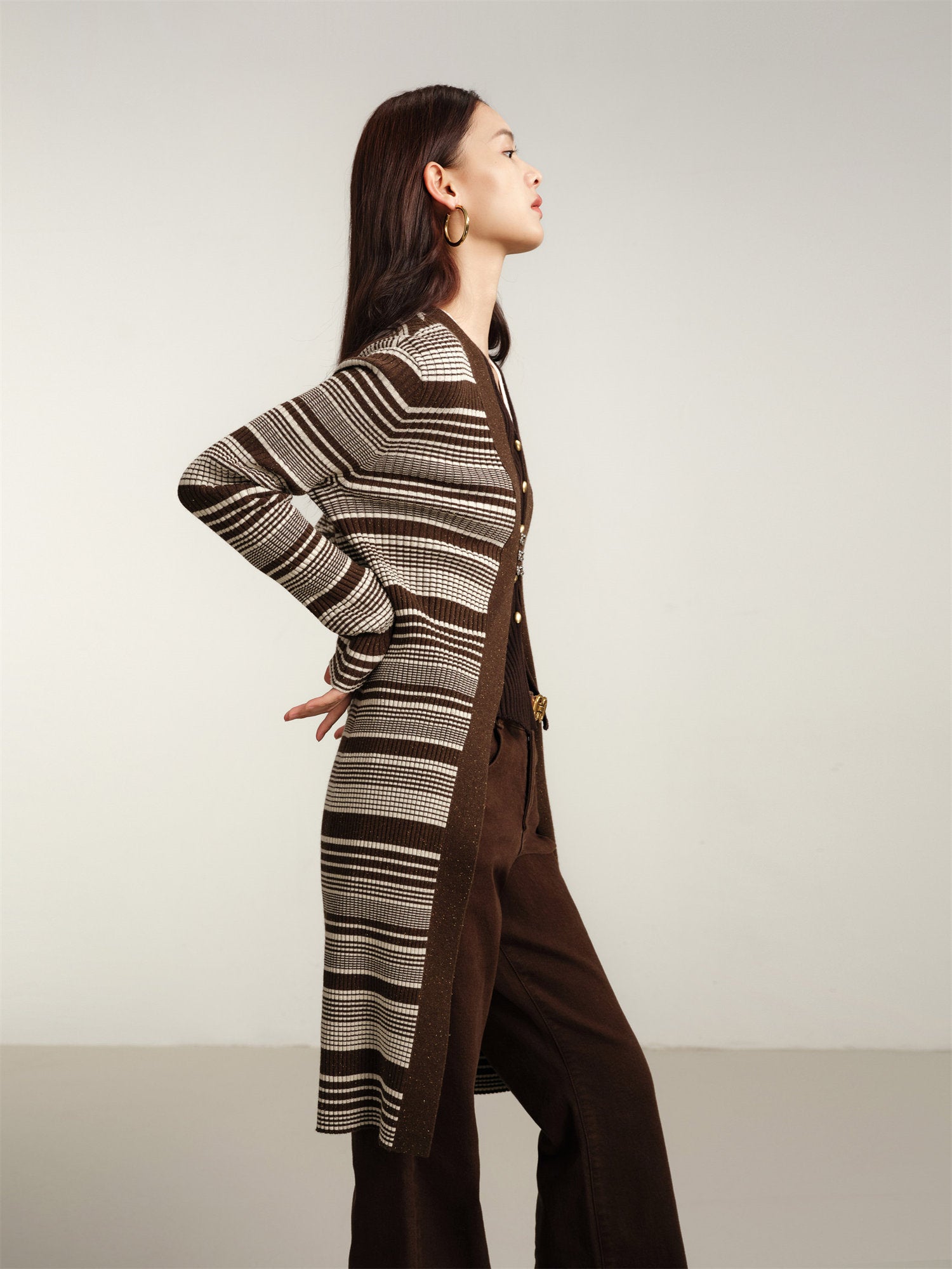 Knitted Long Cardigan Jacket | Brown