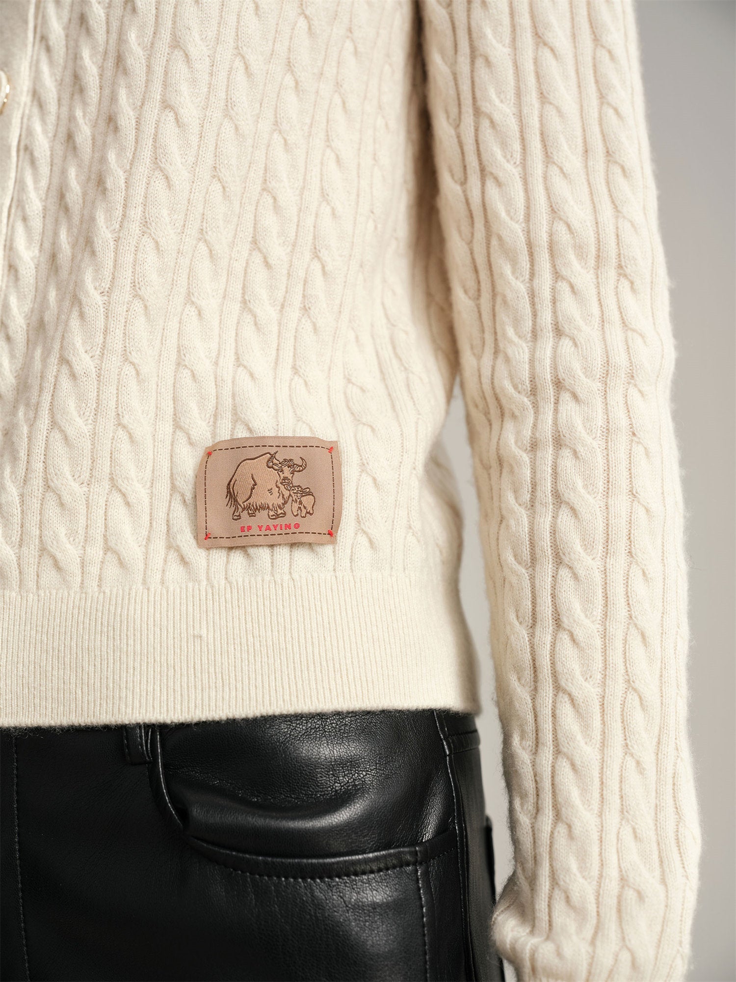 Twisted Cable Knit Round Neck Cardigan | Beige