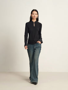 Mandarin Collar Long-Sleeve Top | Black