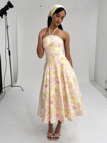 Zaina Floral Print Lace Trim Linen Midi Dress | Yellow and Pink