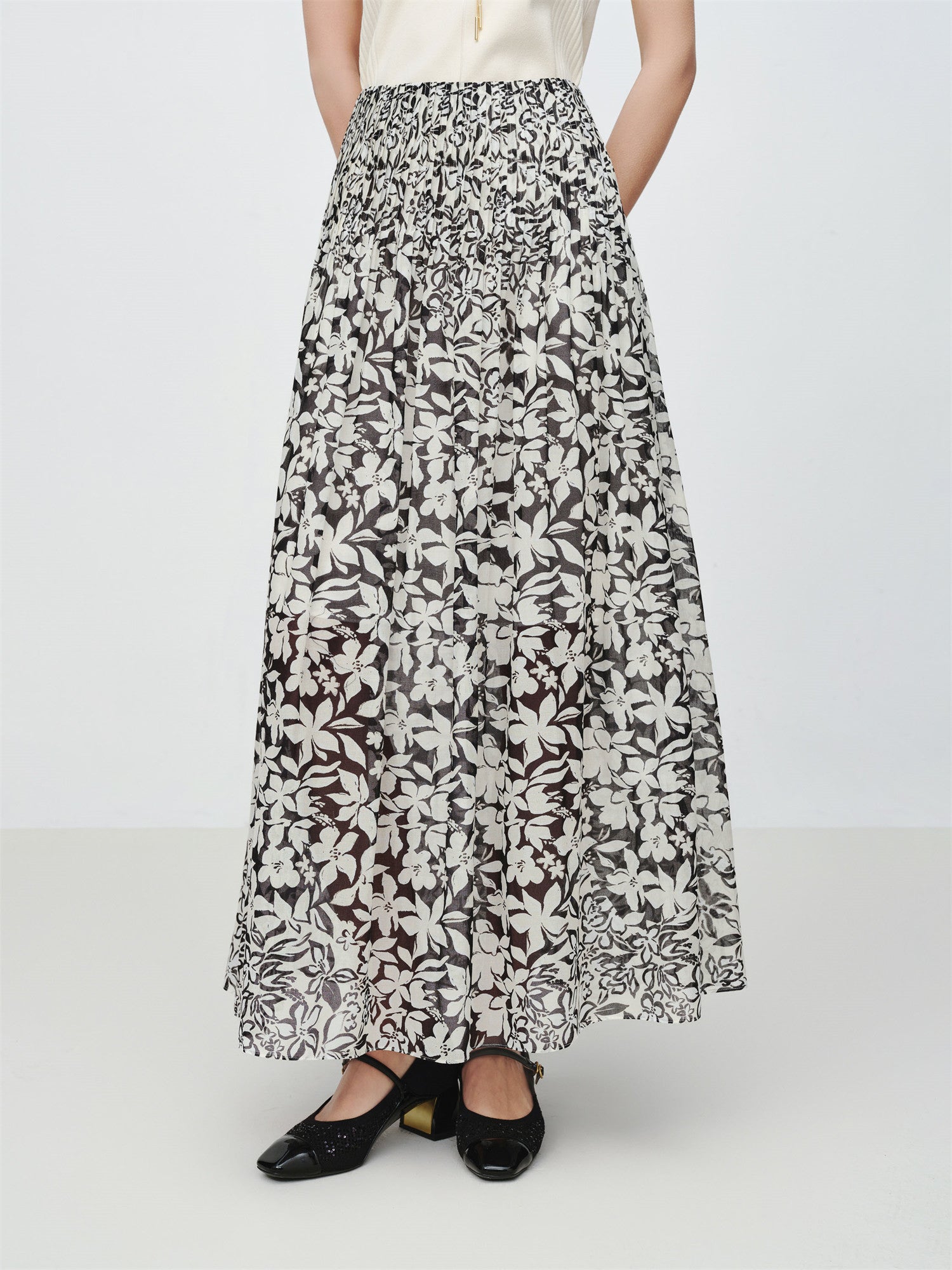 Cotton Printed Pleated Skirt | Black
