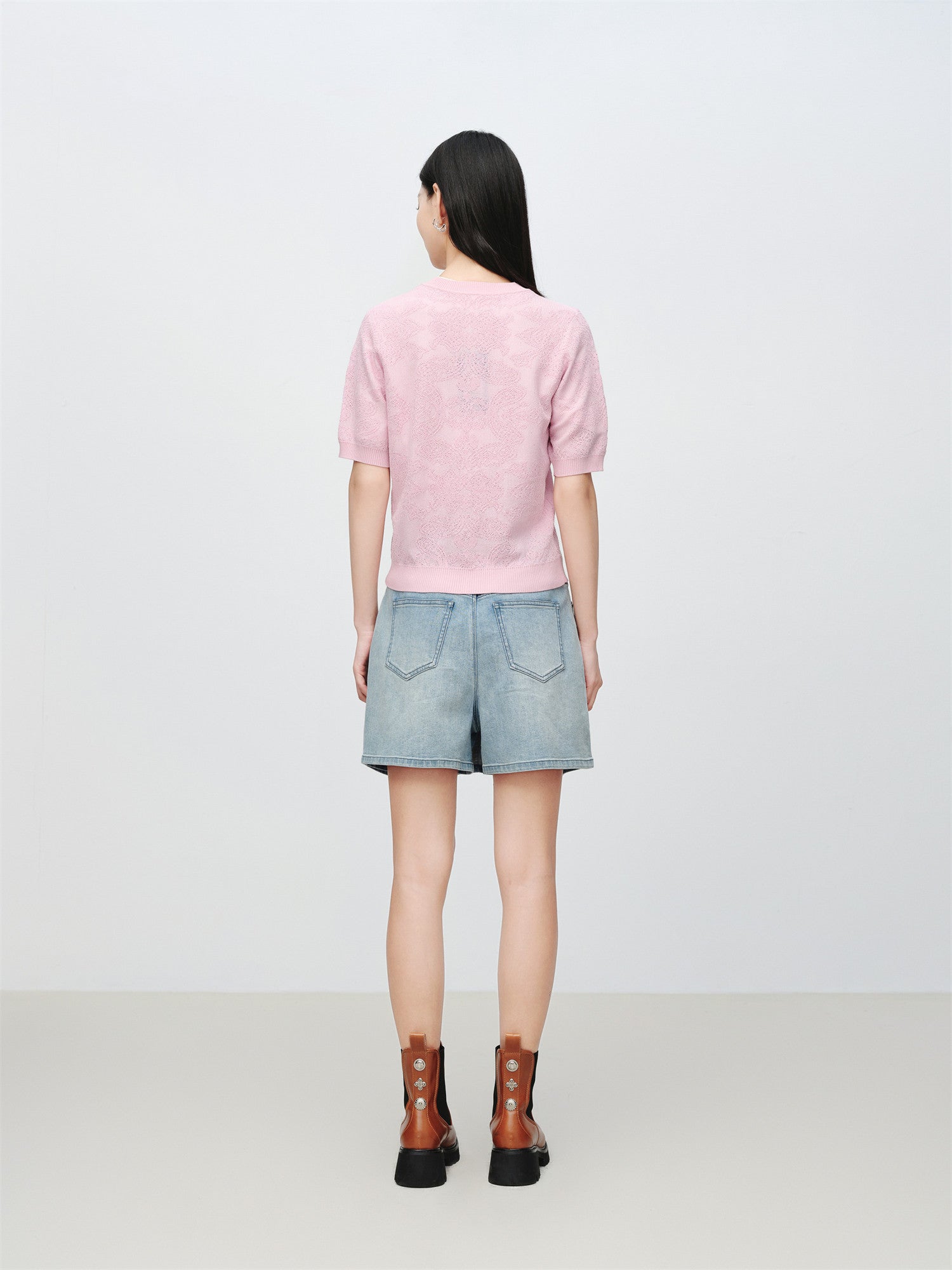 Jacquard Short-Sleeve Knit Top | Pink