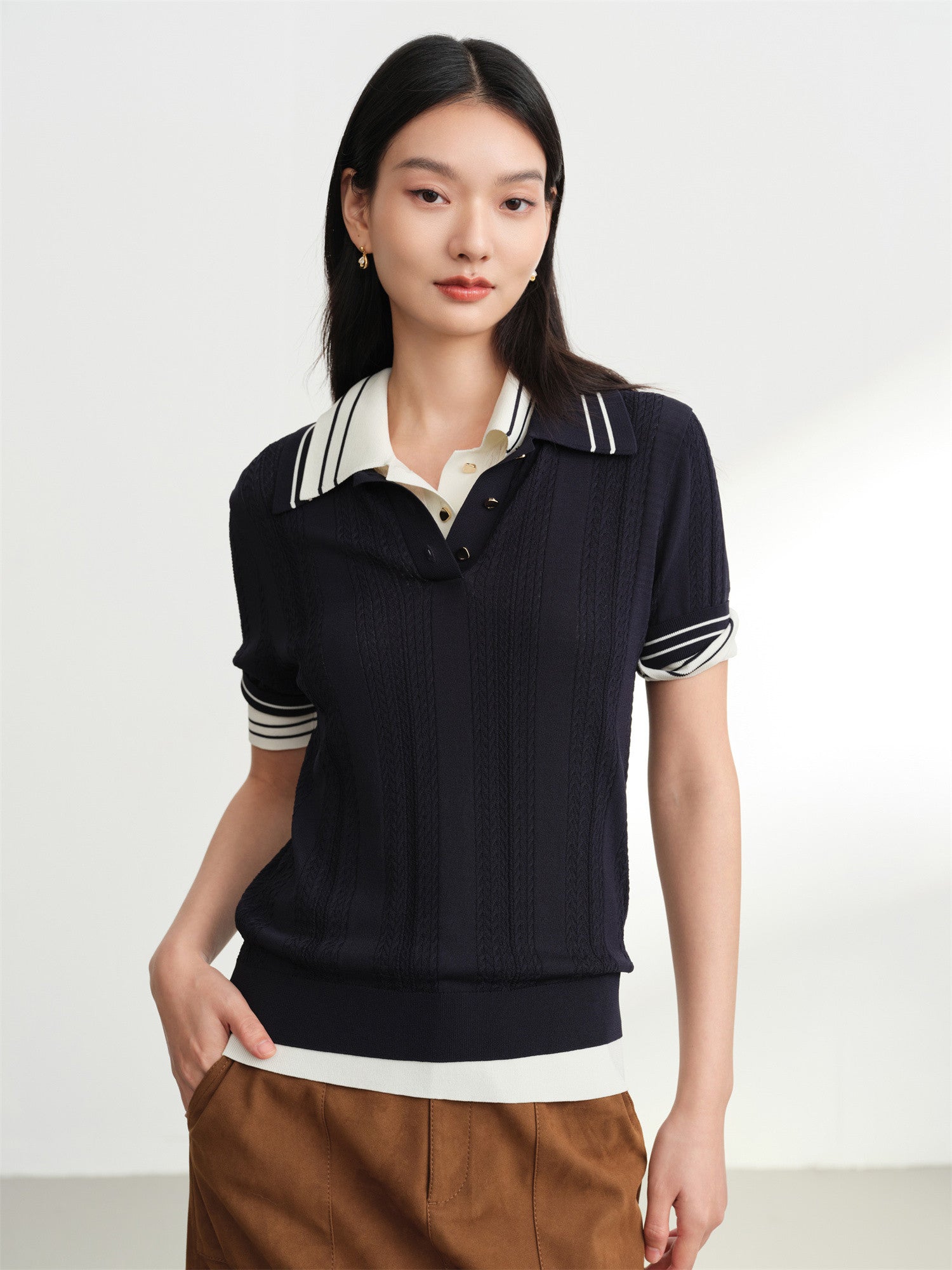 Collared Knit Base Layer Top | Navy