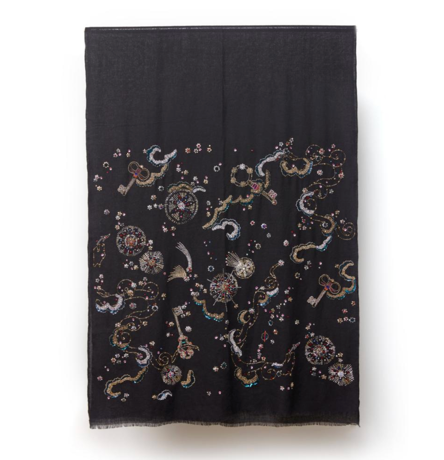 Cashmere Beaded Embroidered Scarf | Black