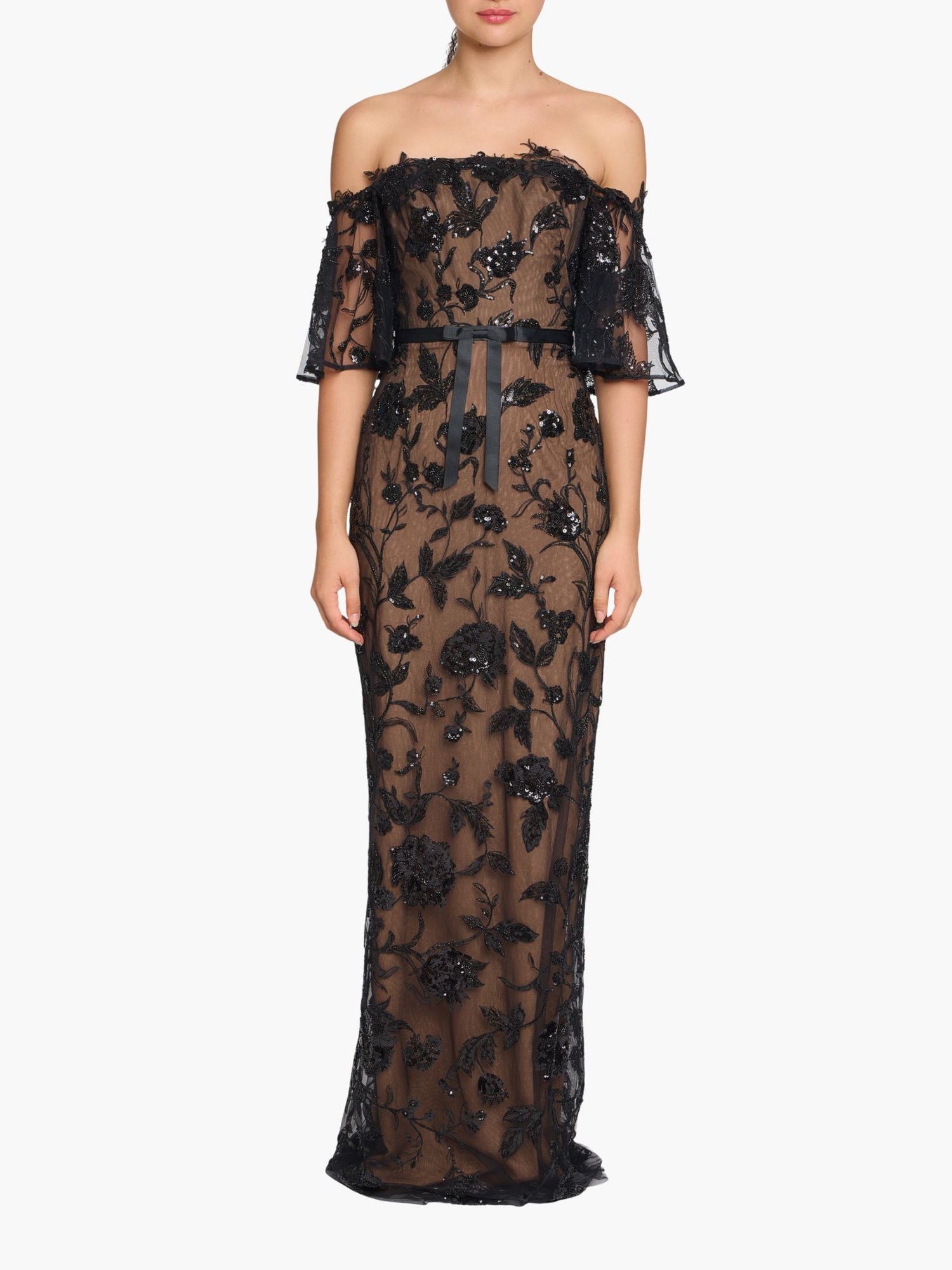 Illusion Murals Off The Shoulder Beaded Illusion Column Gown | Black