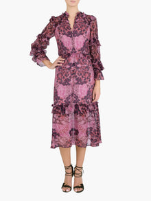 Braided Leopard Flounced Silk Chiffon Midi Dress | Pink